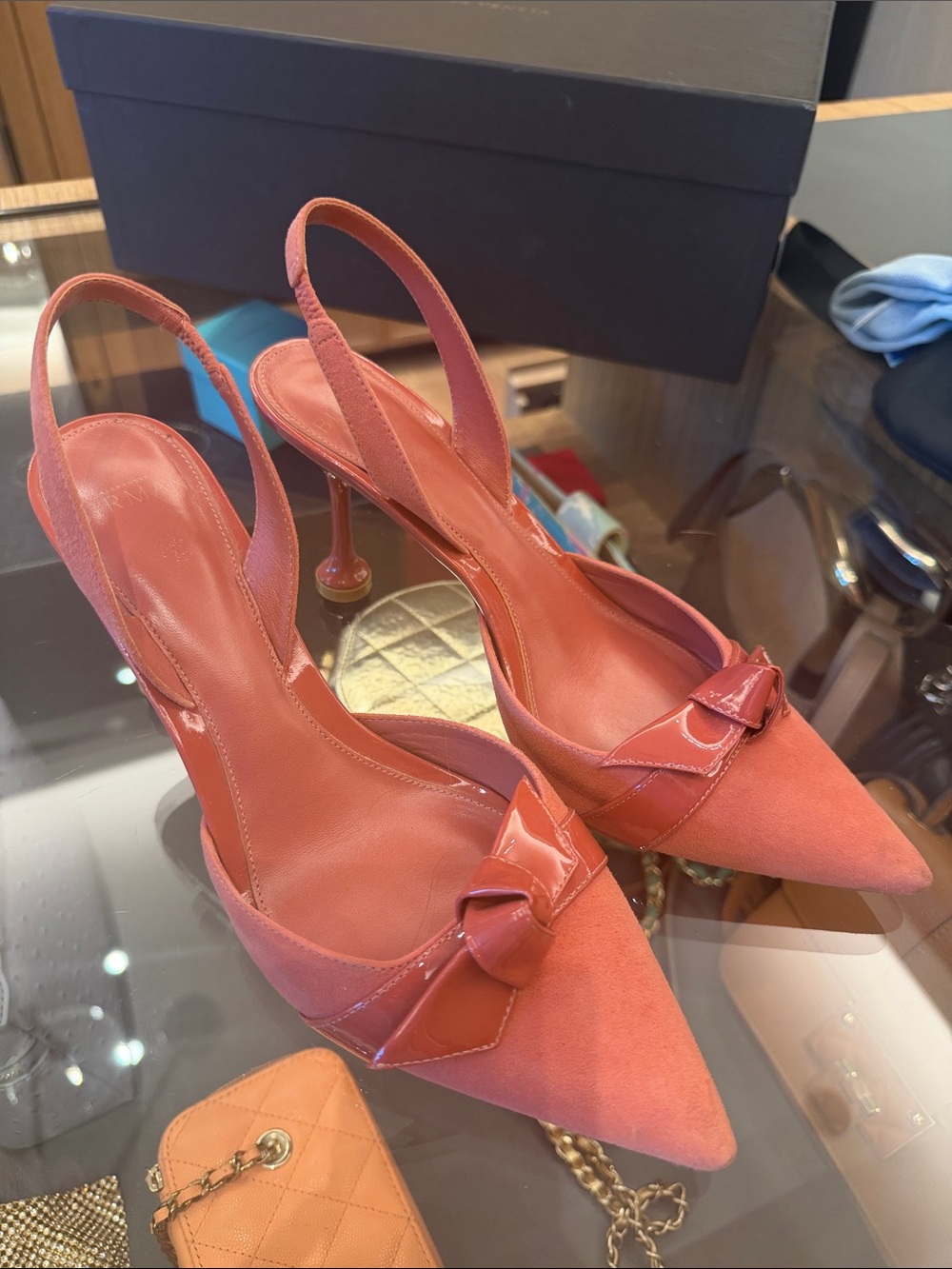 Alexandre Birman Slingback Pointed-Toe Heels with Bow in Coral Pink